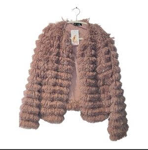 Prettygarden Faux Fur Shaggy Jacket Blush Pink Cropped Coat NWT Size Large